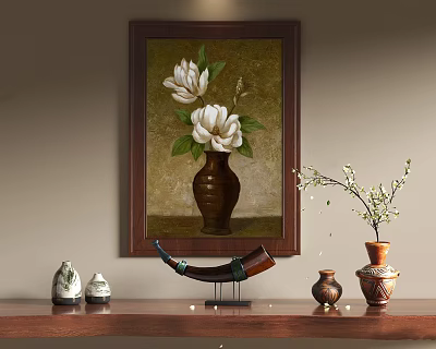 Elegant Botanical Painting With White Flowers In Wooden Frame And Decorative Vases 3d model