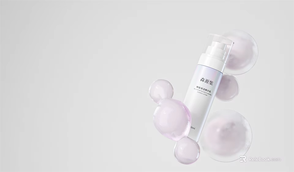 White Cosmetic Perfume Bottle With Floating Purple Bubbles For Skincare Product 3d model 