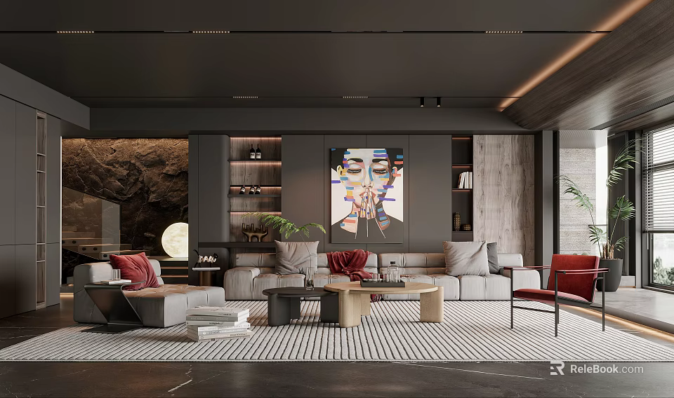 Modern Living Room Interior Design With Artwork Sofas And Striped Rug 3d model 