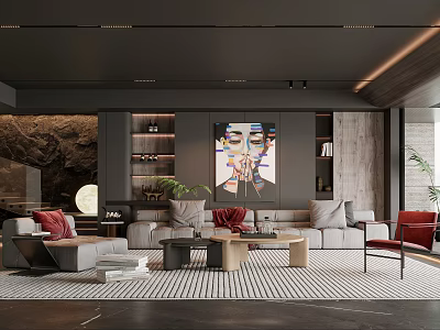 Modern Living Room Interior Design With Artwork Sofas And Striped Rug 3d model
