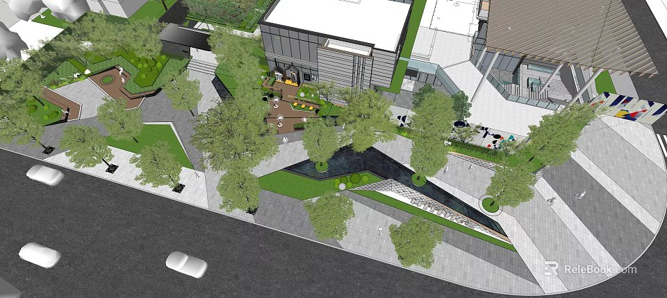 Modern Commercial Landscape Design With Green Spaces Water Features Walkways And Trees 3d model 