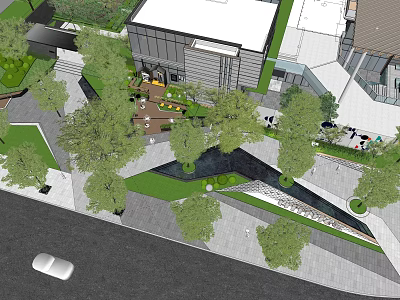 Modern Commercial Landscape Design With Green Spaces Water Features Walkways And Trees 3d model