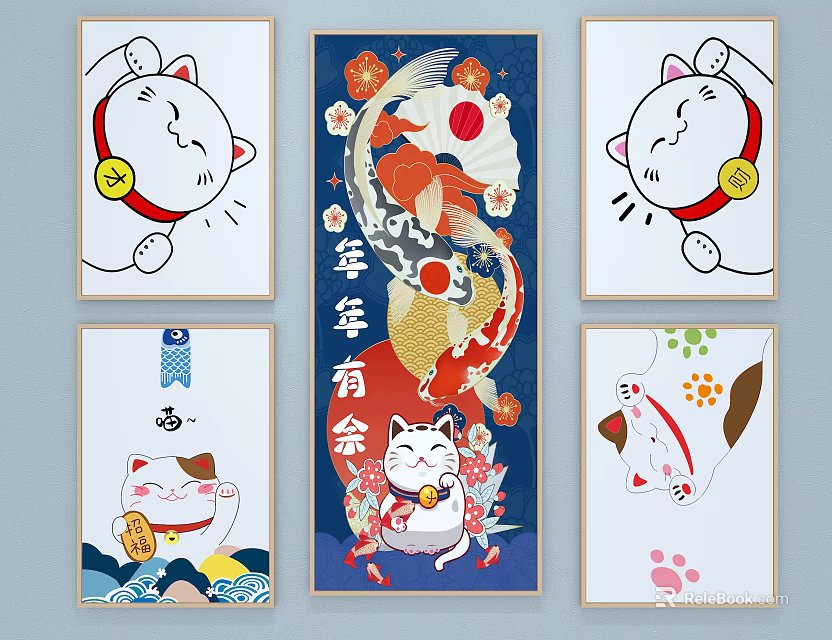 Traditional Animal Paintings With Lucky Cat And Koi Fish Designs For Home Decor 3d model 