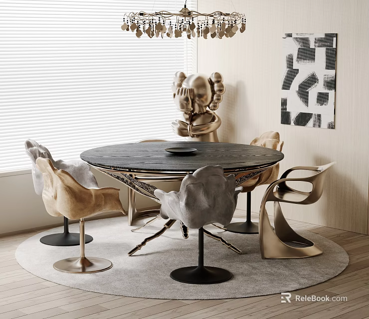 Stylish Round Black Dining Table Set With Gold And Gray Designer Chairs 3d model 