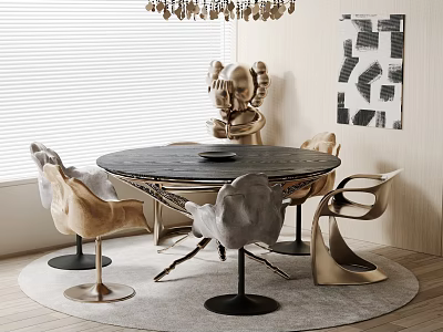 Stylish Round Black Dining Table Set With Gold And Gray Designer Chairs 3d model