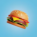 Appetizing Hamburger with Sesame Seed Bun Tomato Crisp Lettuce Melted Cheese Juicy Patty Blue Background