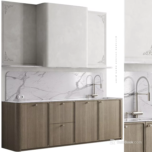 Modern Elegant Kitchen Design With Wooden Cabinets Marble Countertop Faucet And Backsplash 3d model 