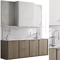Modern Elegant Kitchen Design With Wooden Cabinets Marble Countertop Faucet And Backsplash