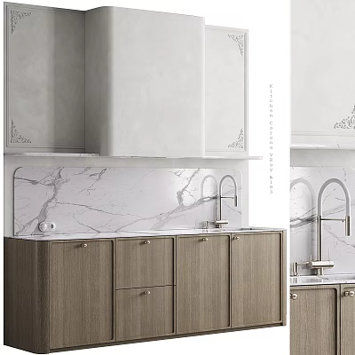 Modern Elegant Kitchen Design With Wooden Cabinets Marble Countertop Faucet And Backsplash 3d model