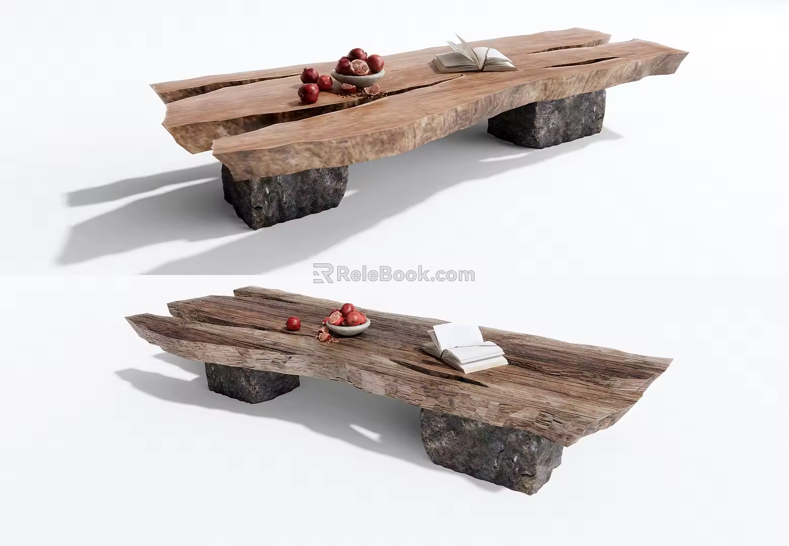 Quiet Bench Stone Fruit Book Ornaments Log Table 3d model