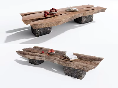 Rustic Wooden Table Chair Set With Stone Base And Fruit Decorations 3d model