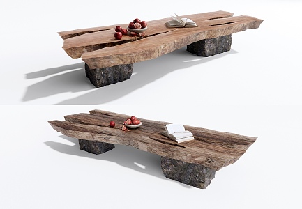 Quiet Bench Stone Fruit Book Ornaments Log Table 3d model