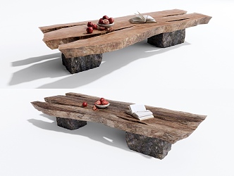 Quiet Bench Stone Fruit Book Ornaments Log Table 3d model