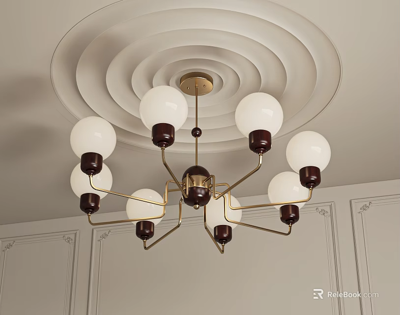Modern Minimalist Chandelier With White Spherical Shades And Golden Brass Frame On Circular Layered Ceiling 3d model 