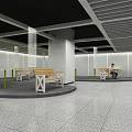 Public Lounge Area With Wooden Benches Green Tables And Ceiling Design Elements