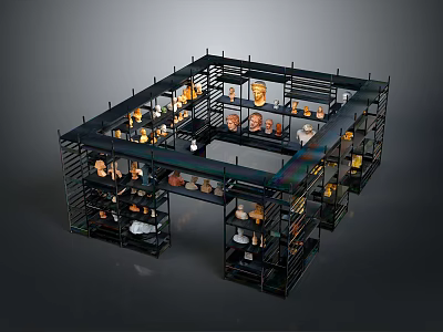 Multi Tiered Open Display Shelving Unit With Sturdy Frame And Decorative Items 3d model