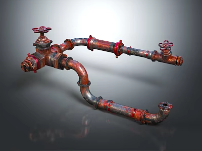 Rusty Red Metal Pipes With Valves And Curved Connections In Industrial Design 3d model