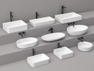 Various Shaped White Washbasins With Black Faucets Displayed On Gray Countertops 3d model