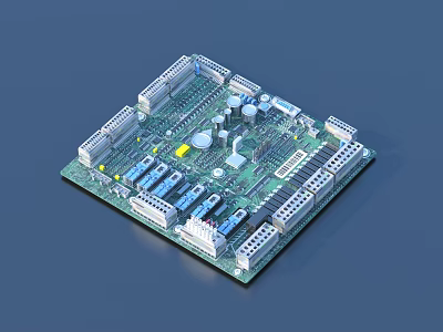 Detailed Green Circuit Board with Integrated Electronic Components Chips and Connectors 3d model