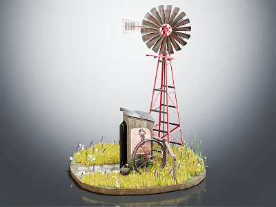 Indoor Decorative Model With Red Windmill Small Cabin Wagon Wheel Grass And Flowers 3d model