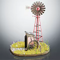 Indoor Decorative Model With Red Windmill Small Cabin Wagon Wheel Grass And Flowers