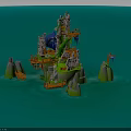 3D Island Scene With Rocky Cliffs Wooden Bridges And Green Vegetation