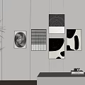 Black And White Abstract Wall Art With Potted Plant And Shelf Decor Items