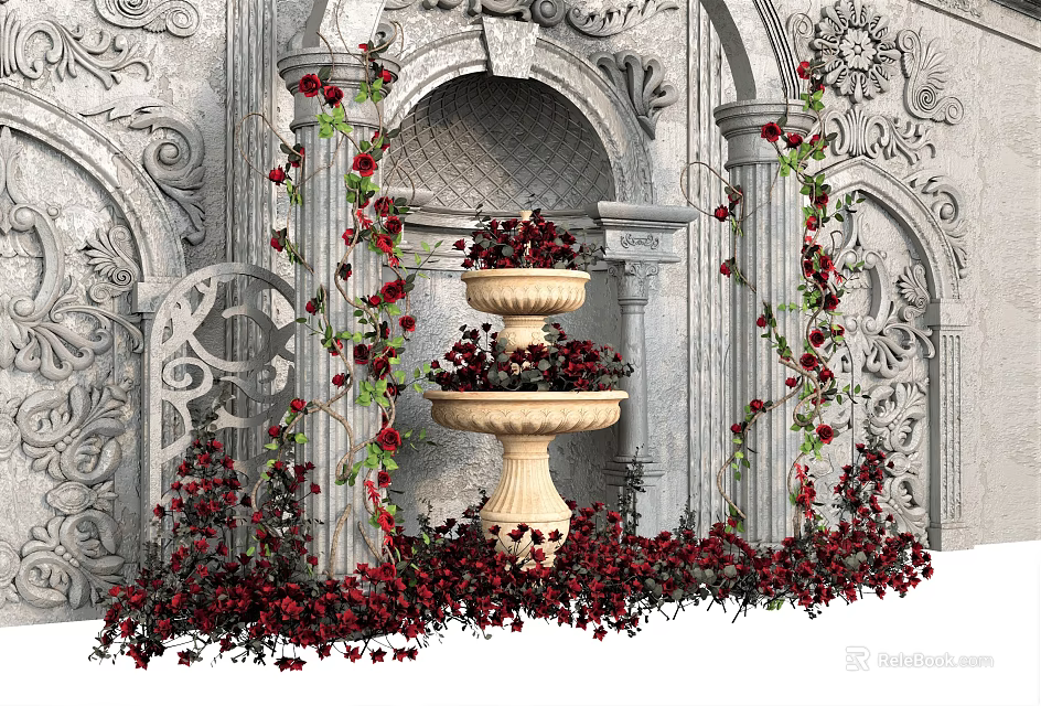 Ornate Stone Flower Planters With Red Roses And Vines In Garden Setting 3d model 