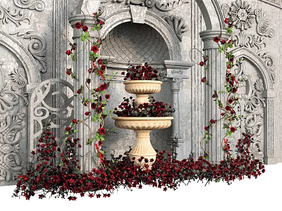 Ornate Stone Flower Planters With Red Roses And Vines In Garden Setting 3d model