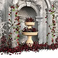 Ornate Stone Flower Planters With Red Roses And Vines In Garden Setting