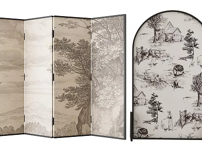 Traditional Chinese Foldable and Arched Screens Featuring Landscape and Rural Scene Patterns 3d model