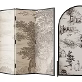 Traditional Chinese Foldable and Arched Screens Featuring Landscape and Rural Scene Patterns 3d model