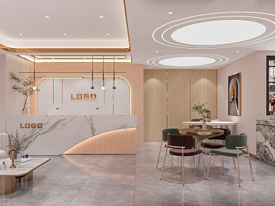 Modern Beauty Salon Interior With Reception Desk Logo And Seating Area 3d model