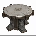 Indoor Scene With Classical Round Marble Table Carved Patterns And Wooden Supporting Pillars