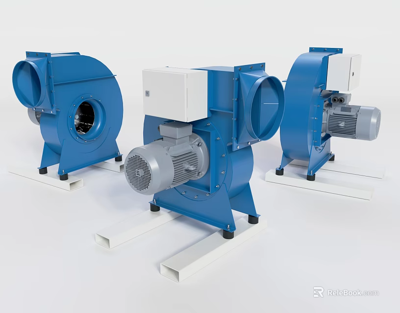 Blue Industrial Blowers with Electric Motors and Stable White Base Structure 3d model 
