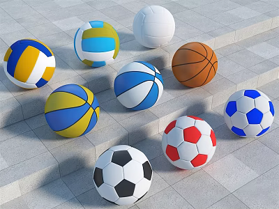 Colorful Sports Equipment Balls Including Volleyball Basketball And Soccer On Stone Steps 3d model