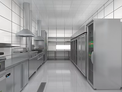 Modern Commercial Kitchen Interior With Stainless Steel Equipment Vent Hoods And White Tiles 3d model