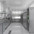 Modern Commercial Kitchen Interior With Stainless Steel Equipment Vent Hoods And White Tiles