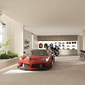 Modern Basement With Cars Motorcycle Large Windows And Green Plant