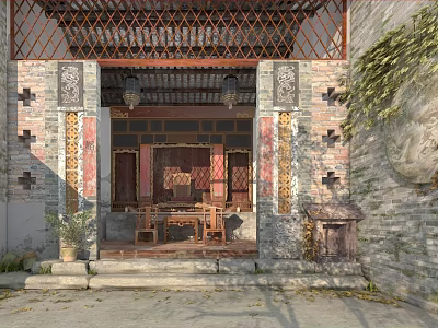 Traditional Chinese Garden Ornaments with Carved Brick Walls Wooden Tables Green Plants and Stone Steps 3d model
