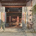Traditional Chinese Garden Ornaments with Carved Brick Walls Wooden Tables Green Plants and Stone Steps