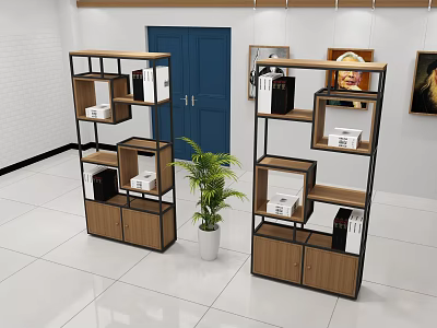 Two Modern Bookcases With Wooden And Metal Frame Open Shelves And Potted Plant 3d model