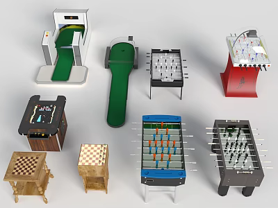 Various Types of Recreation Equipment Including Foosball Tables Pool Tables and Board Game Tables 3d model