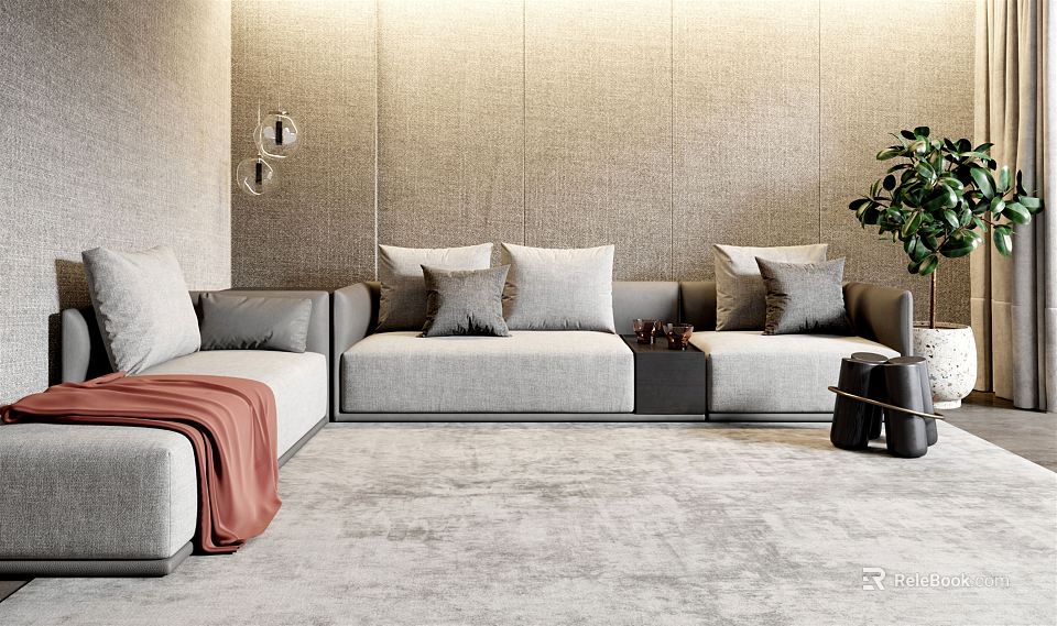 Modern Elegant Sectional Sofa Set With Soft Cushions Textured Wall Floor Rug And Potted Plant 3d model 