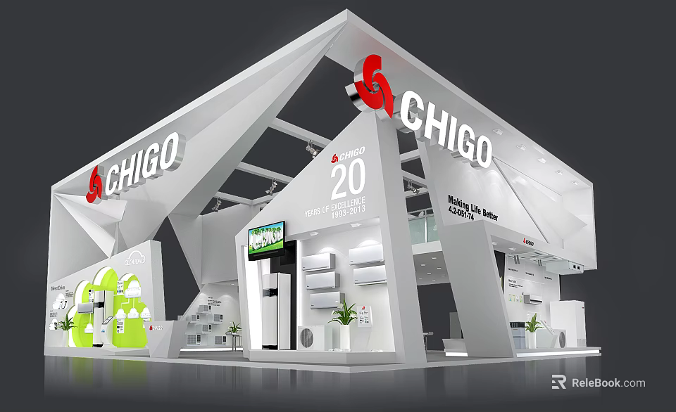 CHIGO Exhibition Booth 20 Modern Air Design With TV Screen And Plants 3d model 