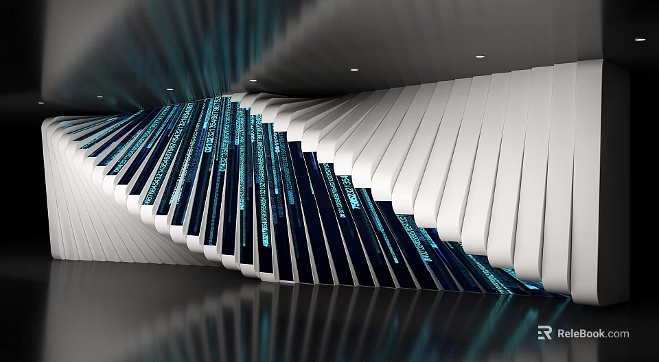 Elevator Corridor With Modern Curved Design Blue Lighting White Panels And Light Effects 3d model 