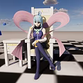 Game Character with Light Blue Hair Pink Wings sitting on Chair Blue Cubes Checkered Floor