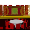 Traditional Chinese Stage With Red Background Yellow Tone Golden Carved Screens Round Tables Red Chairs