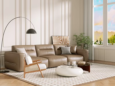 Elegant Modern Sofa And Coffee Table Set With Area Rug Floor Lamp And Green Plant 3d model