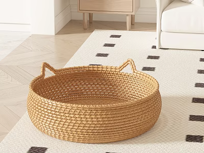 Handwoven Rattan Basket With Cat Ear Handles For Home 3d model